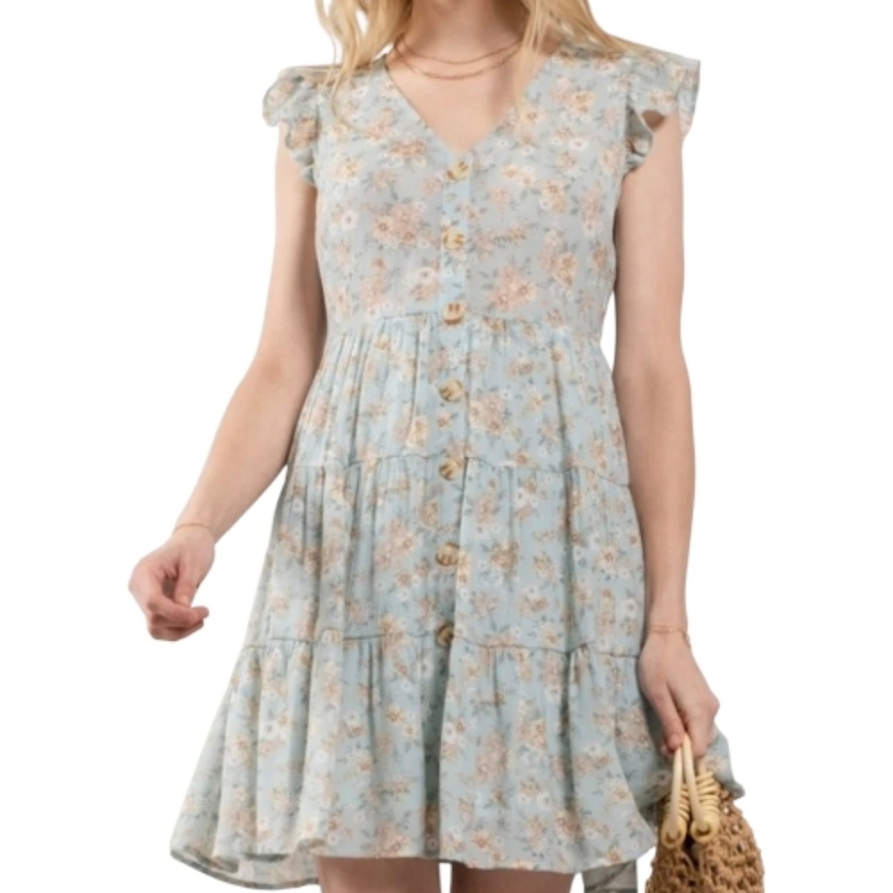 Sweet Wanderer Button Front Tiered All Over Floral A-Line Sun Dress Boho Size M